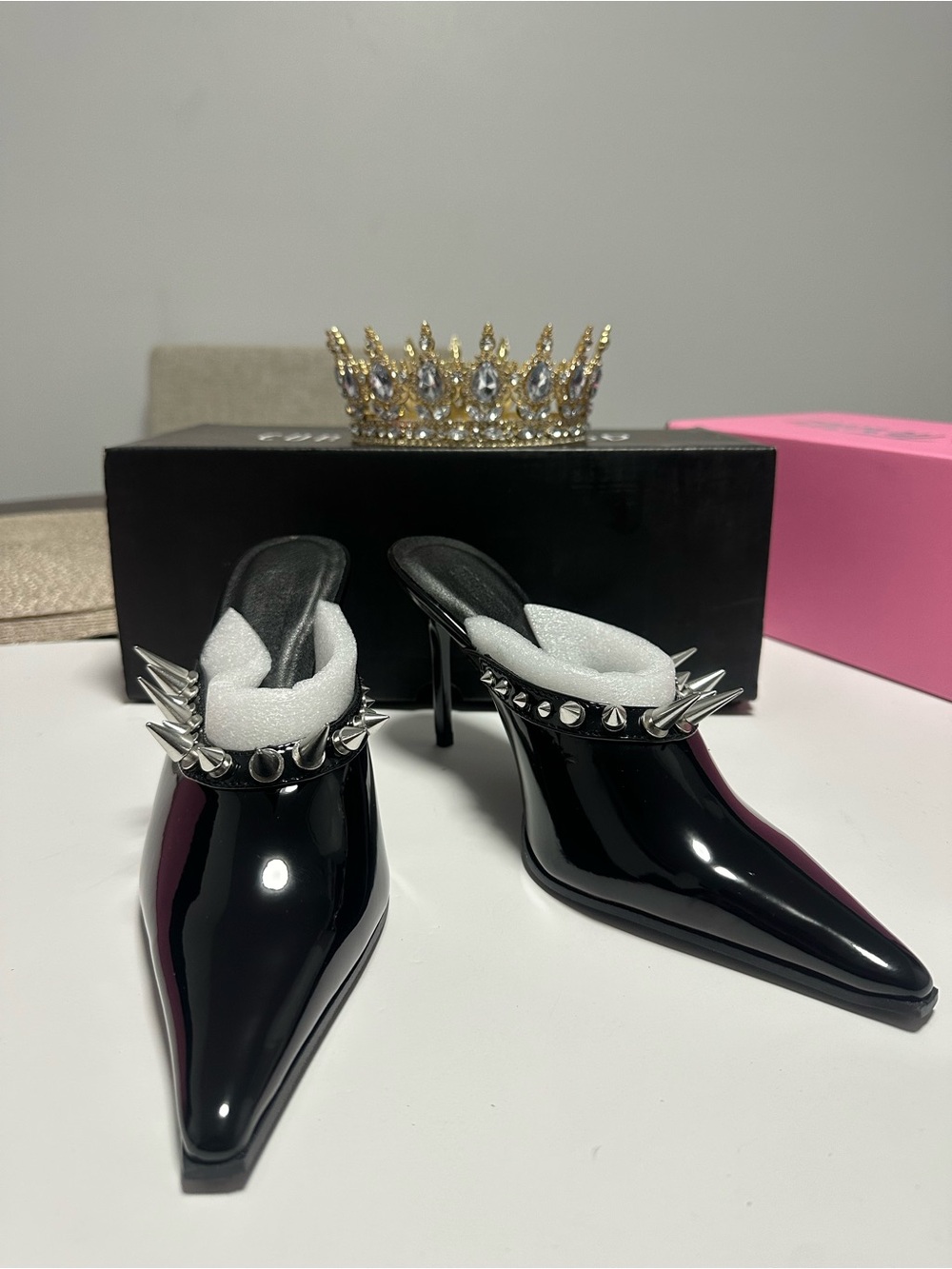 Black Patent Pointed Mule Heels with Silver Spike Trim
